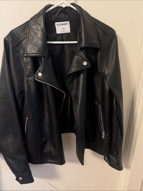 Old Navy Black Faux Leather Biker Jacket with Silver Hardware